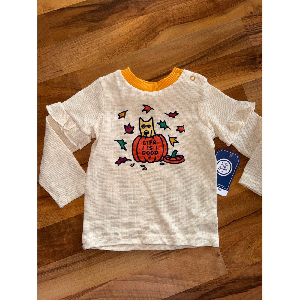 Life is Good Thermal Top Toddler 2T Cream NEW Pumpkin‎ Dog Ruffle Sleeve Fall